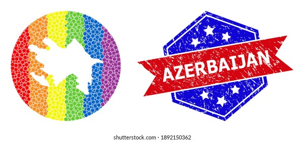 Dotted spectrum map of Azerbaijan collage created with circle and subtracted shape, and distress seal stamp. LGBT spectrum colored pixels around empty map of Azerbaijan.