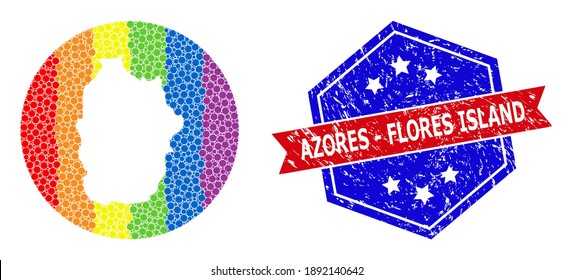 Dotted spectrum map of Azores - Flores Island mosaic created with circle and stencil, and distress seal. LGBTQ rainbow colored pixels around empty map of Azores - Flores Island.