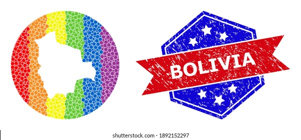 Mapa del espectro trazado del mosaico boliviano diseñado con forma circular y substracta, y sello de sello de sello grunge. Puntos coloreados del espectro LGBTQ alrededor del mapa vacío de Bolivia. El sello bicolor utiliza colores rojo y azul,