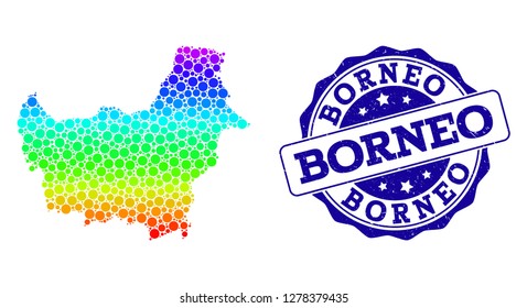 Dotted spectrum map of Borneo Island and blue grunge round stamp seal. Vector geographic map in bright spectrum gradient colors on a white background.