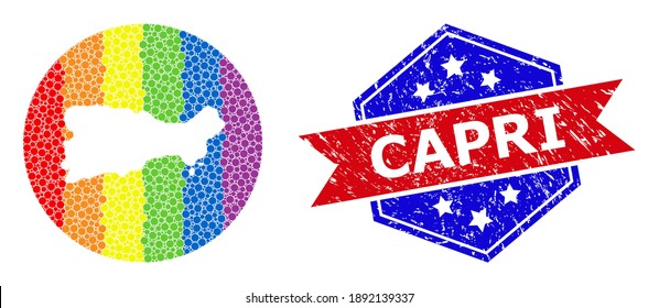 Dotted spectrum map of Capri Island collage created with circle and cut out shape, and scratched watermark. LGBTQ spectrum colored dots around empty map of Capri Island.