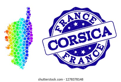 Dotted spectrum map of Corsica and blue grunge round stamp seal. Vector geographic map in bright spectrum gradient colors on a white background.
