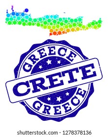 Dotted spectrum map of Crete Island and blue grunge round stamp seal. Vector geographic map in bright spectrum gradient colors on a white background.