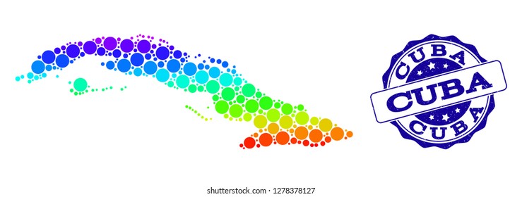 Dotted spectrum map of Cuba and blue grunge round stamp seal. Vector geographic map in bright spectrum gradient colors on a white background.