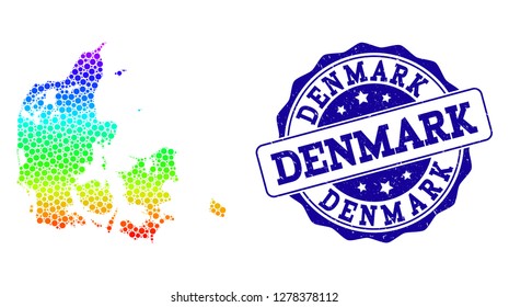Dotted spectrum map of Denmark and blue grunge round stamp seal. Vector geographic map in bright spectrum gradient colors on a white background.