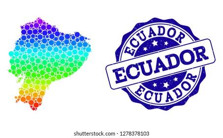 Dotted spectrum map of Ecuador and blue grunge round stamp seal. Vector geographic map in bright spectrum gradient colors on a white background.