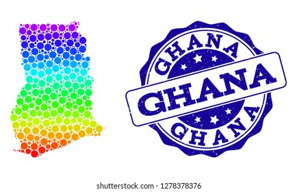 Dotted spectrum map of Ghana and blue grunge round stamp seal. Vector geographic map in bright spectrum gradient colors on a white background.