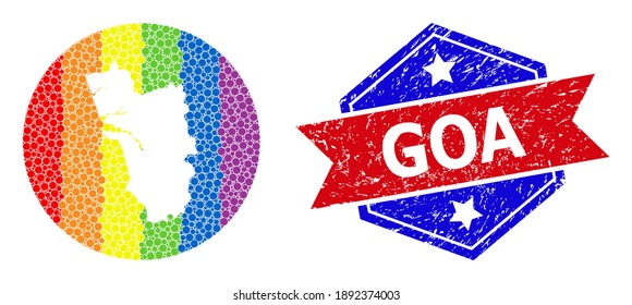 Dotted spectrum map of Goa State mosaic formed with circle and hole, and textured seal. LGBT spectrum colored pixels around empty map of Goa State. Bicolor stamp seal uses red and blue colors,