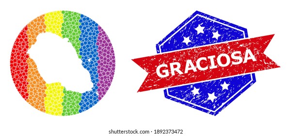 Dotted spectrum map of Graciosa Island mosaic designed with circle and subtracted shape, and grunge watermark. LGBT spectrum colored pixels around empty map of Graciosa Island.