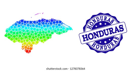 Dotted spectrum map of Honduras and blue grunge round stamp seal. Vector geographic map in bright spectrum gradient colors on a white background.