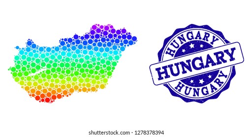 Dotted spectrum map of Hungary and blue grunge round stamp seal. Vector geographic map in bright spectrum gradient colors on a white background.