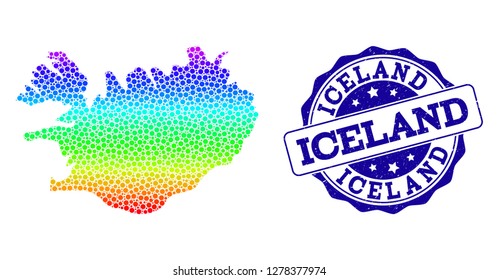 Dotted spectrum map of Iceland and blue grunge round stamp seal. Vector geographic map in bright spectrum gradient colors on a white background.
