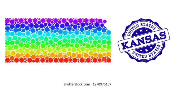 Dotted spectrum map of Kansas State and blue grunge round stamp seal. Vector geographic map in bright spectrum gradient colors on a white background.