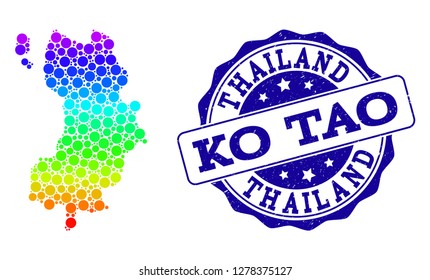 Dotted spectrum map of Ko Tao and blue grunge round stamp seal. Vector geographic map in bright spectrum gradient colors on a white background.