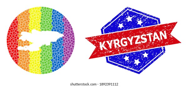 Dotted spectrum map of Kyrgyzstan mosaic designed with circle and stencil, and grunge seal stamp. LGBTQ spectrum colored dots around empty map of Kyrgyzstan.