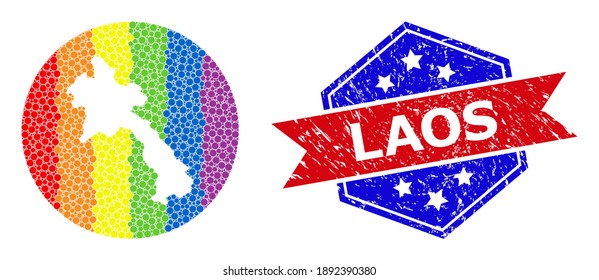 Dotted spectrum map of Laos collage created with circle and carved shape, and grunge seal stamp. LGBT spectrum colored dots around empty map of Laos. Bicolor rubber seal uses red and blue colors,