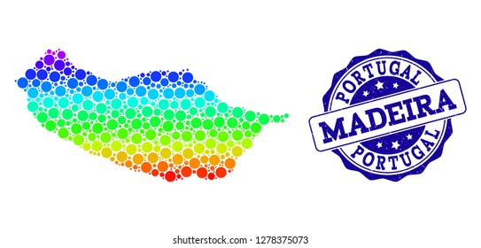 Dotted spectrum map of Madeira Island and blue grunge round stamp seal. Vector geographic map in bright spectrum gradient colors on a white background.