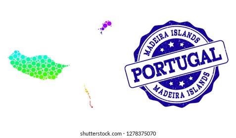 Dotted spectrum map of Madeira Islands and blue grunge round stamp seal. Vector geographic map in bright spectrum gradient colors on a white background.