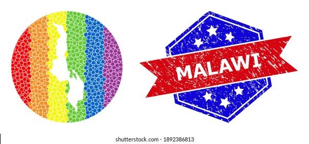 Dotted spectrum map of Malawi mosaic created with circle and carved shape, and textured seal stamp. LGBTQ spectrum colored pixels around empty map of Malawi.