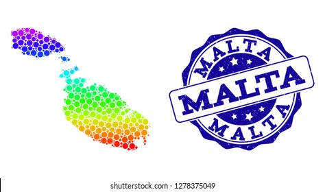 Dotted spectrum map of Malta and blue grunge round stamp seal. Vector geographic map in bright spectrum gradient colors on a white background.