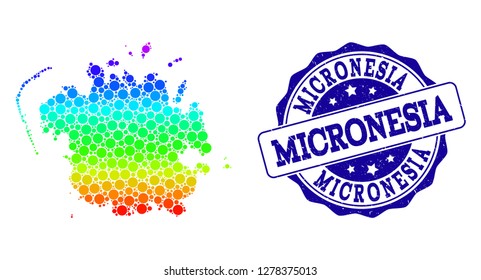 Dotted spectrum map of Micronesia island and blue grunge round stamp seal. Vector geographic map in bright spectrum gradient colors on a white background.