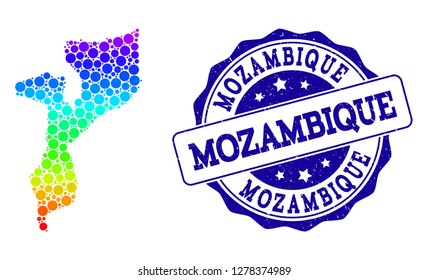 Dotted spectrum map of Mozambique and blue grunge round stamp seal. Vector geographic map in bright spectrum gradient colors on a white background.