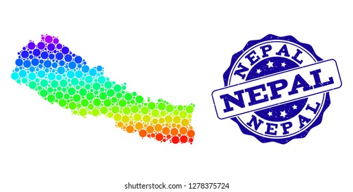 Dotted spectrum map of Nepal and blue grunge round stamp seal. Vector geographic map in bright spectrum gradient colors on a white background.