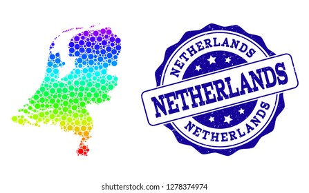 Dotted spectrum map of Netherlands and blue grunge round stamp seal. Vector geographic map in bright spectrum gradient colors on a white background.