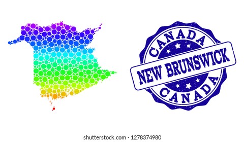 Dotted spectrum map of New Brunswick Province and blue grunge round stamp seal. Vector geographic map in bright spectrum gradient colors on a white background.