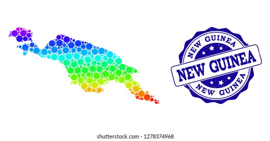 Dotted spectrum map of New Guinea Island and blue grunge round stamp seal. Vector geographic map in bright spectrum gradient colors on a white background.