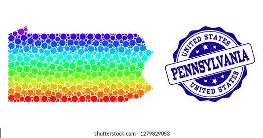 Dotted spectrum map of Pennsylvania State and blue grunge round stamp seal. Vector geographic map in bright spectrum gradient colors on a white background.