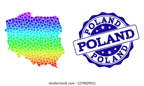 Dotted spectrum map of Poland and blue grunge round stamp seal. Vector geographic map in bright spectrum gradient colors on a white background.
