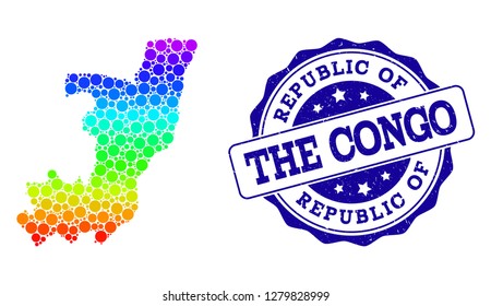 Dotted spectrum map of Republic of the Congo and blue grunge round stamp seal. Vector geographic map in bright spectrum gradient colors on a white background.