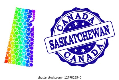 Dotted spectrum map of Saskatchewan Province and blue grunge round stamp seal. Vector geographic map in bright spectrum gradient colors on a white background.