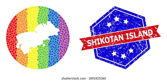 Dotted spectrum map of Shikotan Island collage created with circle and cut out shape, and scratched seal stamp. LGBTQ spectrum colored pixels around empty map of Shikotan Island.