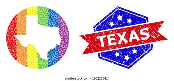 Dotted spectrum map of Texas State collage created with circle and stencil, and distress stamp. LGBTQ spectrum colored dots around empty map of Texas State.