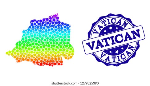 Dotted spectrum map of Vatican and blue grunge round stamp seal. Vector geographic map in bright spectrum gradient colors on a white background.