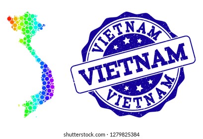 Dotted spectrum map of Vietnam and blue grunge round stamp seal. Vector geographic map in bright spectrum gradient colors on a white background.