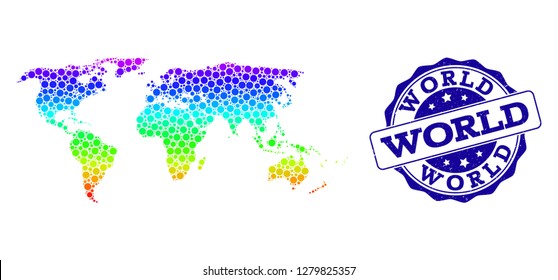 Dotted spectrum map of world and blue grunge round stamp seal. Vector geographic map in bright spectrum gradient colors on a white background.