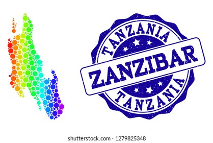 Dotted spectrum map of Zanzibar Island and blue grunge round stamp seal. Vector geographic map in bright spectrum gradient colors on a white background.