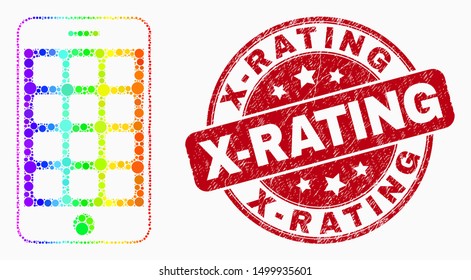 Dotted spectrum mobile phone mosaic icon and X-Rating seal. Red vector round distress stamp with X-Rating text. Vector collage in flat style. Colored gradient mobile phone mosaic of scattered circles,