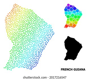 Dotted spectrum, and monochrome map of French Guiana, and black caption. Vector model is created from map of French Guiana with spheres. Abstraction is useful for geographic aims.