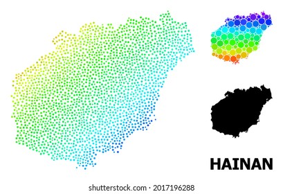 Dotted Spektrum, und monochrome Karte von Hainan Island, und schwarzer Titel. Vektormodell wird aus Karte der Insel Hainan mit Kugeln erstellt. Illustration ist nützlich für politische Plakate.