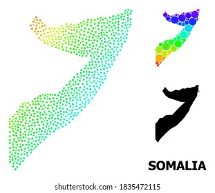 Dotted spectrum, and monochrome map of Somalia, and black name. Vector model is created from map of Somalia with circles. Illustration is useful for political posters.