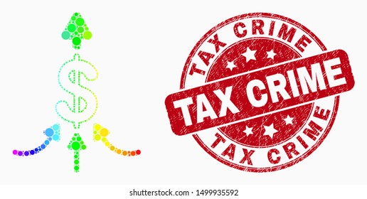 Dotted spectrum payment aggregator mosaic icon and Tax Crime stamp. Red vector rounded distress seal with Tax Crime message. Vector collage in flat style.