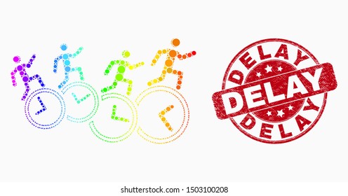 Dotted spectrum people run over clocks mosaic pictogram and Delay seal stamp. Red vector rounded grunge seal stamp with Delay phrase. Vector collage in flat style.
