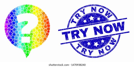 Dotted spectrum question mosaic icon and Try Now seal stamp. Blue vector rounded scratched stamp with Try Now phrase. Vector combination in flat style.