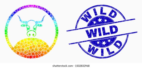 Dotted spectrum rounded bull boss mosaic pictogram and Wild stamp. Blue vector round grunge stamp with Wild message. Vector combination in flat style.