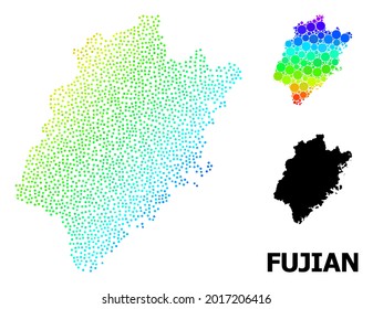 Dotted spectrum, and solid map of Fujian Province, and black title. Vector model is created from map of Fujian Province with round dots. Illustration designed for geographic aims.