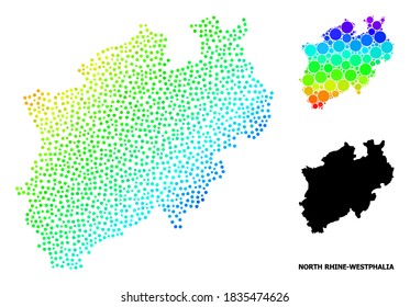 Dotted spectrum, and solid map of North Rhine-Westphalia State, and black title. Vector model is created from map of North Rhine-Westphalia State with circles.